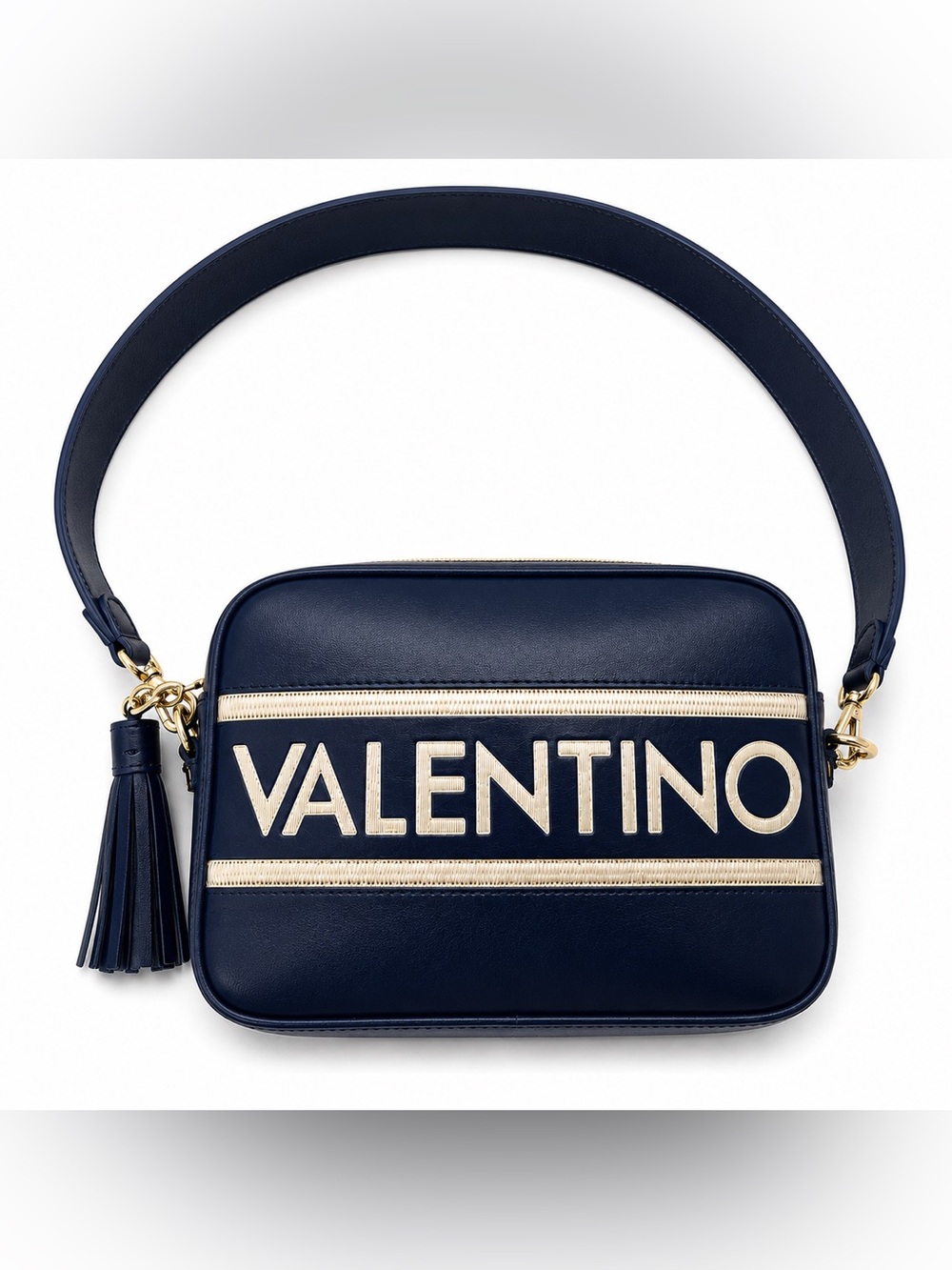 Valentino Navy Leather Crossbody with Ivory Logo Stripe